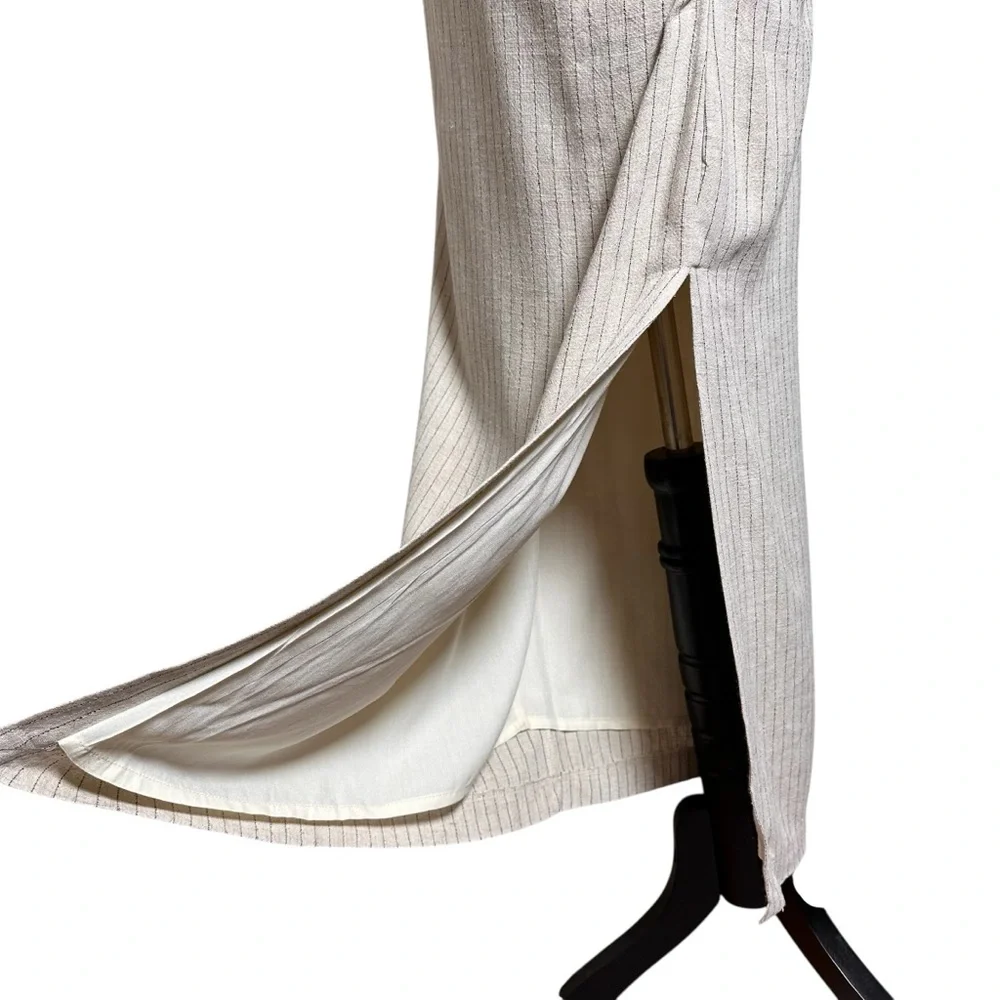 Miou Muse Linen Blend Ruched Midi Skirt M Striped‎ Minimalist Neutral Old Money